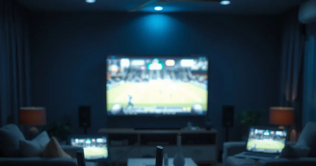 Ein Router mit leuchtenden Status-LEDs im dunklen Wohnzimmer, im Hintergrund mehrere Bildschirme mit Live-Sport-Übertragungen