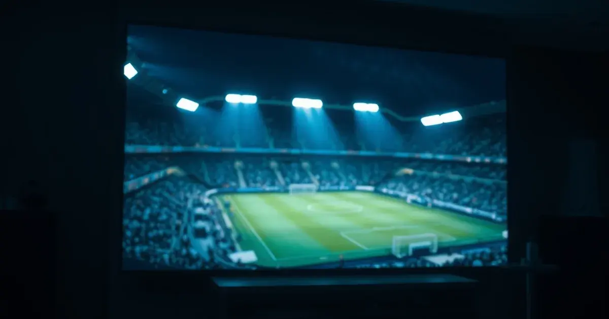 Fernsehbildschirm zeigt ein Flutlicht-Fußballspiel in einem abgedunkelten Wohnzimmer, mit sichtbaren Bildkompressionsartefakten im dunklen Hintergrund
