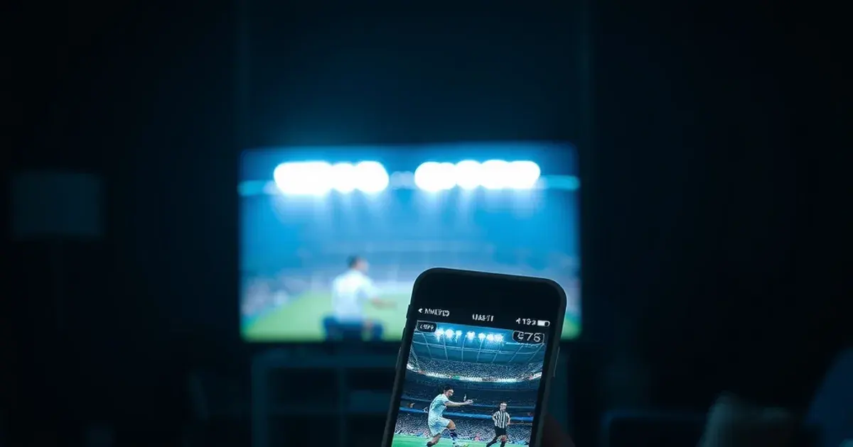 Smartphone zeigt einen pausierten Fußball-Livestream in einem dunklen Wohnzimmer, im Hintergrund ein Fernseher mit einem Flutlicht-Stadion