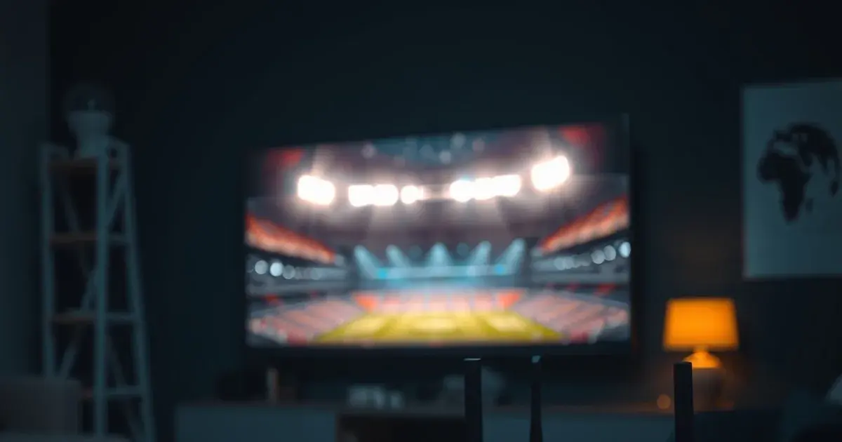 Dunkles Wohnzimmer kurz vor Anpfiff: TV mit fernem Flutlicht-Schein im Hintergrund, im Vordergrund ein Router mit blinkenden LEDs neben einem Smartphone