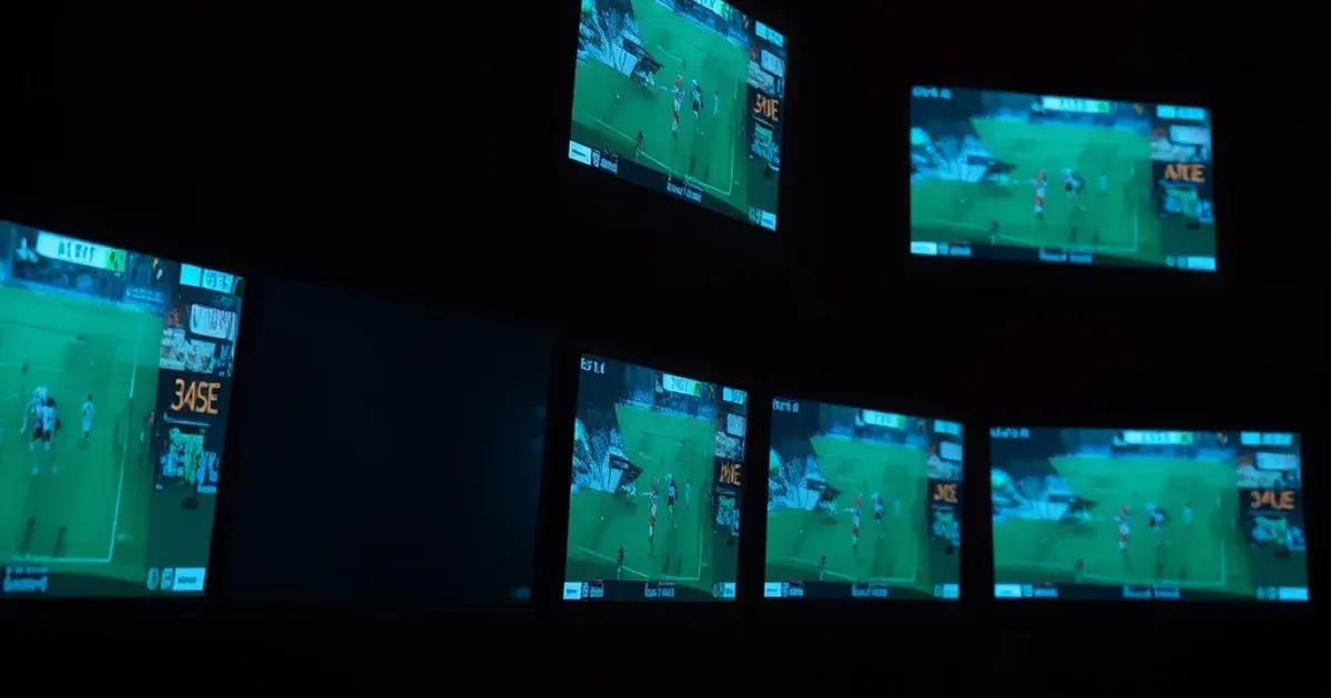 Mehrere Bildschirme in einem abgedunkelten Raum zeigen eine Live-Fußballübertragung, ein Bildschirm mit sichtbaren Bildstörungen zwischen ansonsten stabilen Sendern
