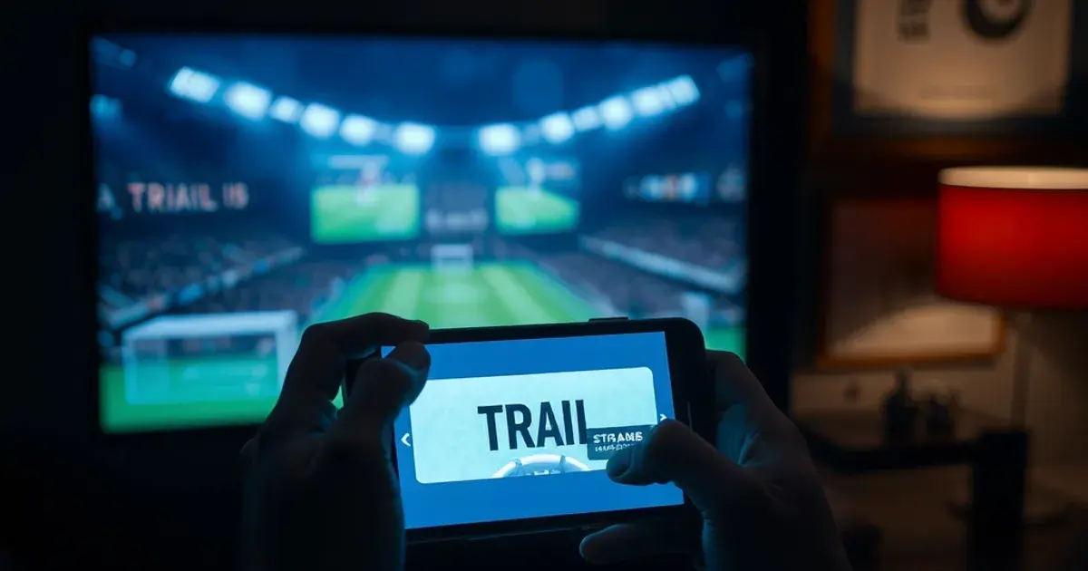 Hände halten bei Nacht ein Smartphone mit einer Streaming-Testoberfläche, im Hintergrund ein unscharfer Fernseher mit einem Fußballspiel