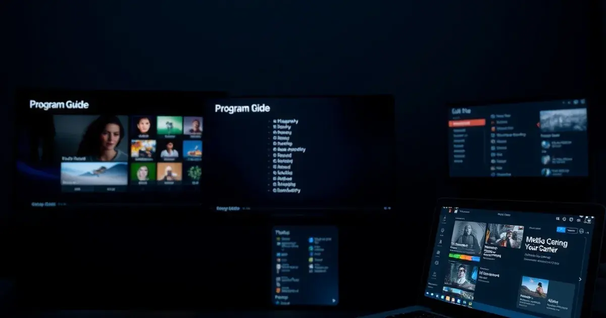 Dunkles Wohnzimmer bei Nacht mit drei verschiedenen Bildschirmen, die unterschiedliche IPTV-App-Oberflächen zeigen, im Vordergrund eine Fernbedienung