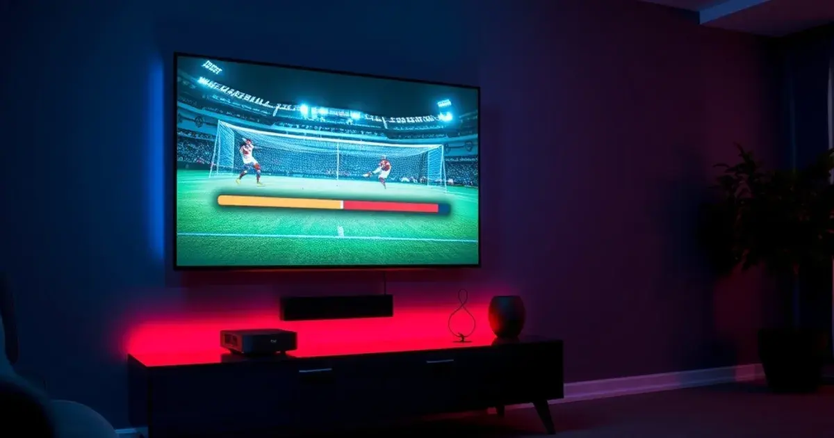 Dunkles Wohnzimmer mit TV-Bildschirm, der eine pausierte Live-Fußballübertragung mit Aufnahme-Anzeige und Zeitleiste zeigt