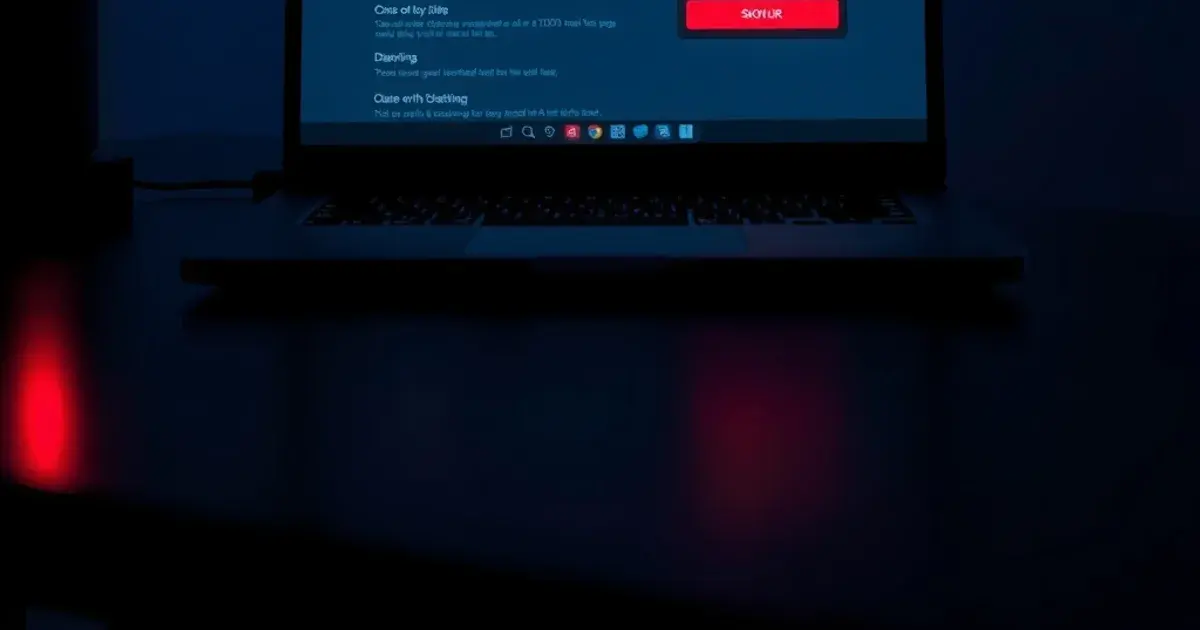 Ein Laptop in einem abgedunkelten Raum zeigt eine verdächtige Zahlungsseite mit rotem Warnlicht als Symbol für Betrugsrisiko bei IPTV-Anbietern