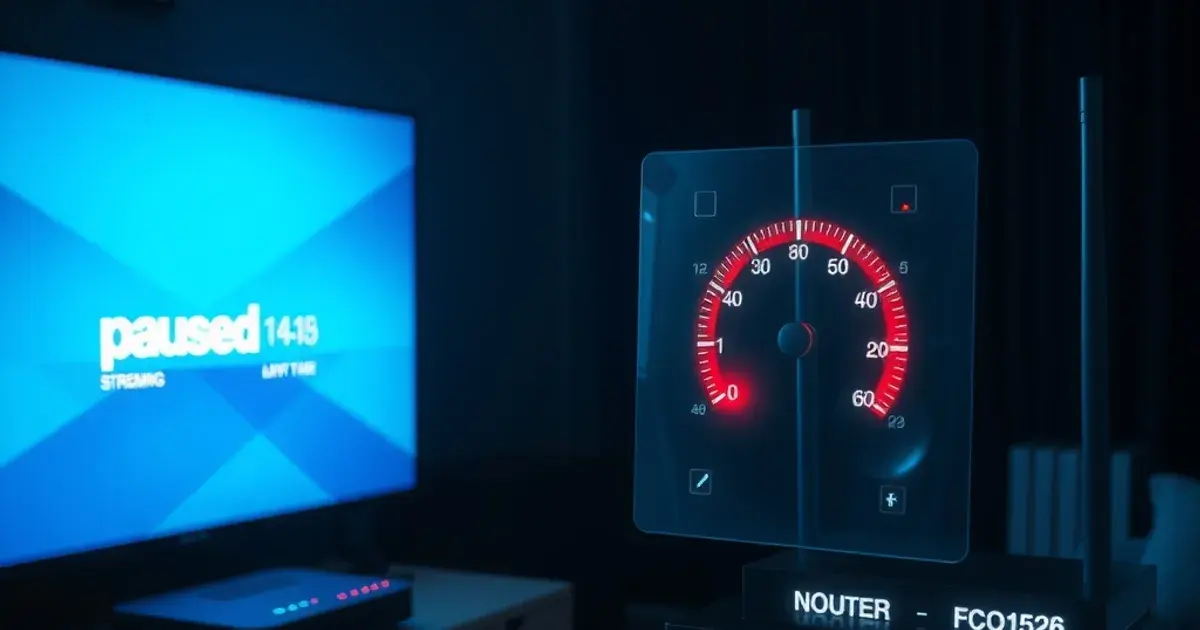 Dunkles Wohnzimmer nachts mit puffernder Streaming-Anzeige auf dem Fernseher und einem Router im Hintergrund, davor eine schwebende Geschwindigkeitsanzeige mit fallendem Zeiger