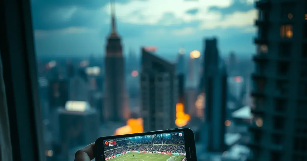 Reisender schaut nachts am Hotelfenster im Ausland einen Fußball-Stream auf dem Smartphone, im Hintergrund eine unscharfe fremde Skyline