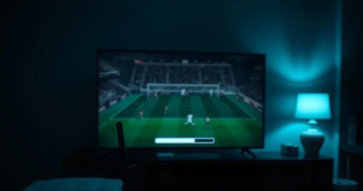 Dunkles Wohnzimmer bei Nacht, ein Fernseher zeigt einen pufferenden Fußball-Stream, im Vordergrund ein Router mit blinkenden Lichtern und dünnen, sich verlangsamenden Datenlinien in blauem Licht