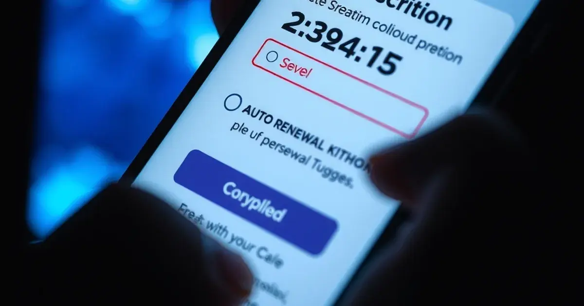 Nahaufnahme eines Smartphones bei Nacht mit einer Zahlungsseite und einem vorausgewählten Auto-Verlängerungs-Schalter, im Hintergrund das bläuliche Licht eines laufenden Fernsehers