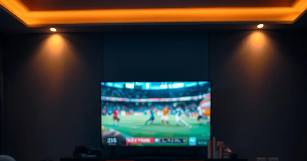 Dunkles Wohnzimmer nachts mit Fernseher, Smartphone und Tablet, die gleichzeitig einen IPTV-Stream zeigen, während eine Uhr im Hintergrund die Testzeit andeutet