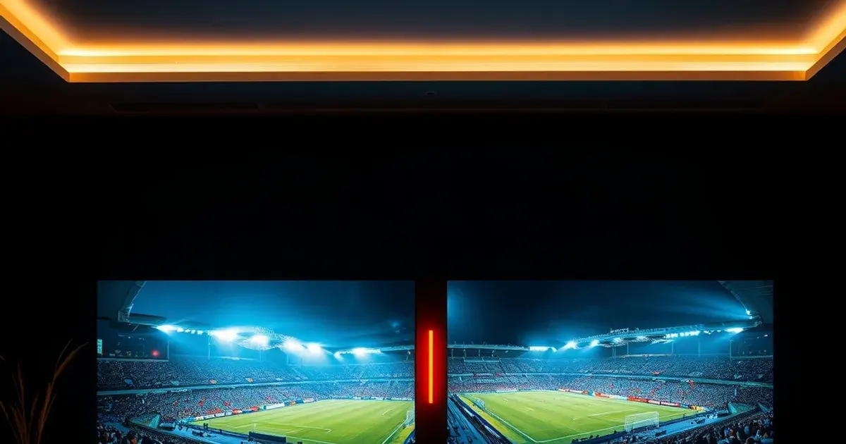 Zwei Bildschirme zeigen dasselbe Bundesliga-Spiel mit sichtbarem zeitlichem Versatz, im Vordergrund eine leuchtende Stoppuhr-Anzeige