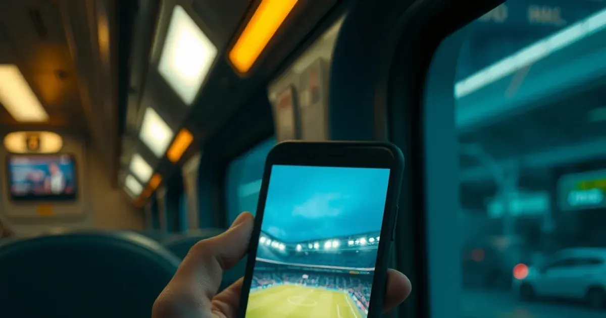 Person schaut nachts im Zug Fußball-Stream auf dem Smartphone, Bildschirm beleuchtet die Hand im dunklen Zugabteil