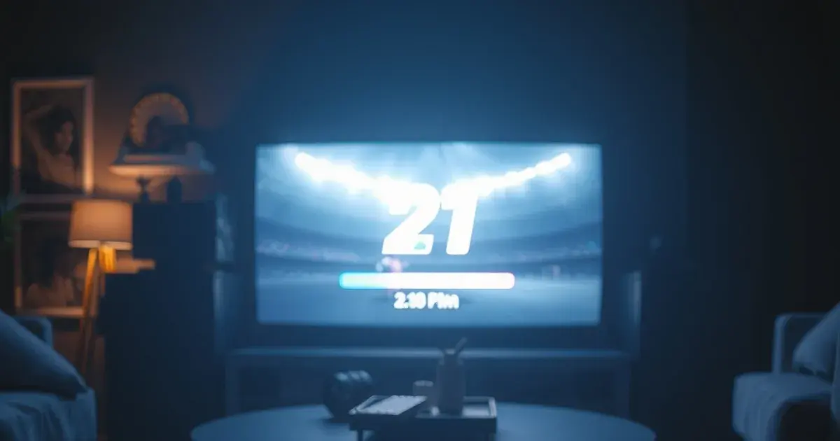 Dunkles Wohnzimmer nachts mit TV-Bildschirm, der mitten im Fußballspiel einfriert, davor ein leuchtender Taschenrechner auf dem Wohnzimmertisch als Symbol für die Wechsel-Kalkulation
