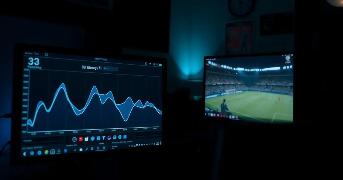 Dunkler Schreibtisch bei Nacht mit zwei Bildschirmen: einer zeigt eine Netzwerk-Geschwindigkeitsgrafik mit Tunnel-Visualisierung, der andere einen Fußball-Livestream, blau-türkise Beleuchtung