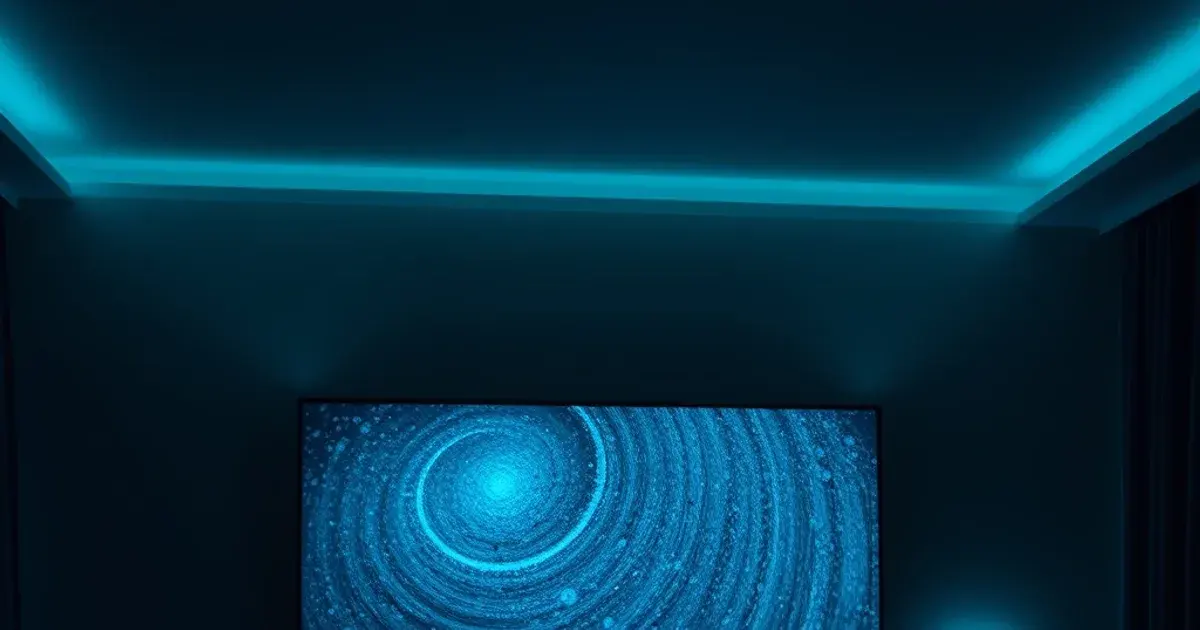 Dunkles Wohnzimmer nachts mit ruckelndem Fernsehbild und beleuchtetem Router im Hintergrund