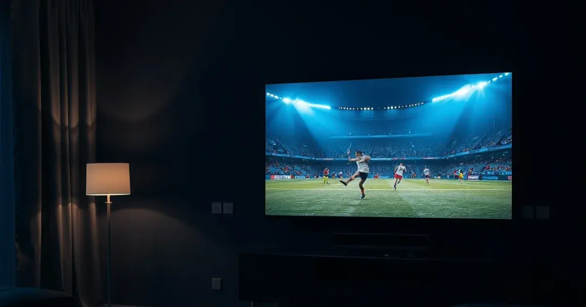 Dunkles, stimmungsvolles Wohnzimmer bei Nacht mit einem großen Fernseher, auf dem ein Fußballspiel läuft, und einem Tablet im Vordergrund als zweitem Bildschirm