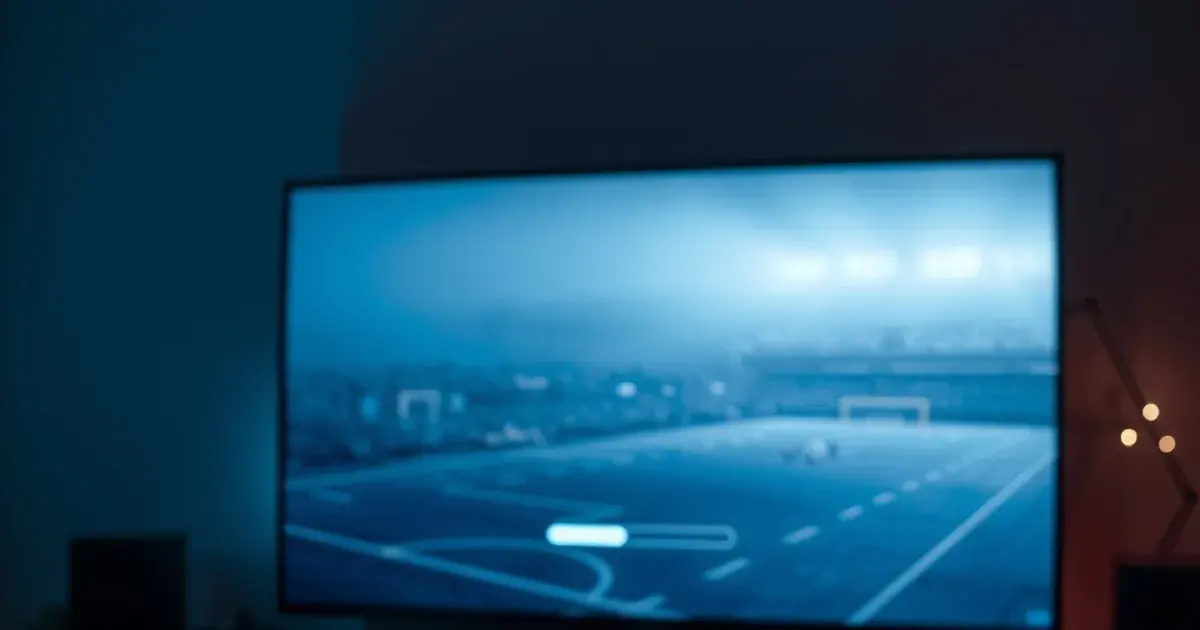 Dunkles Wohnzimmer bei Nacht: Ein Fernseher zeigt einen eingefrorenen, verpixelten Fußball-Live-Stream, im Vordergrund ein Router mit blinkenden Lichtern.