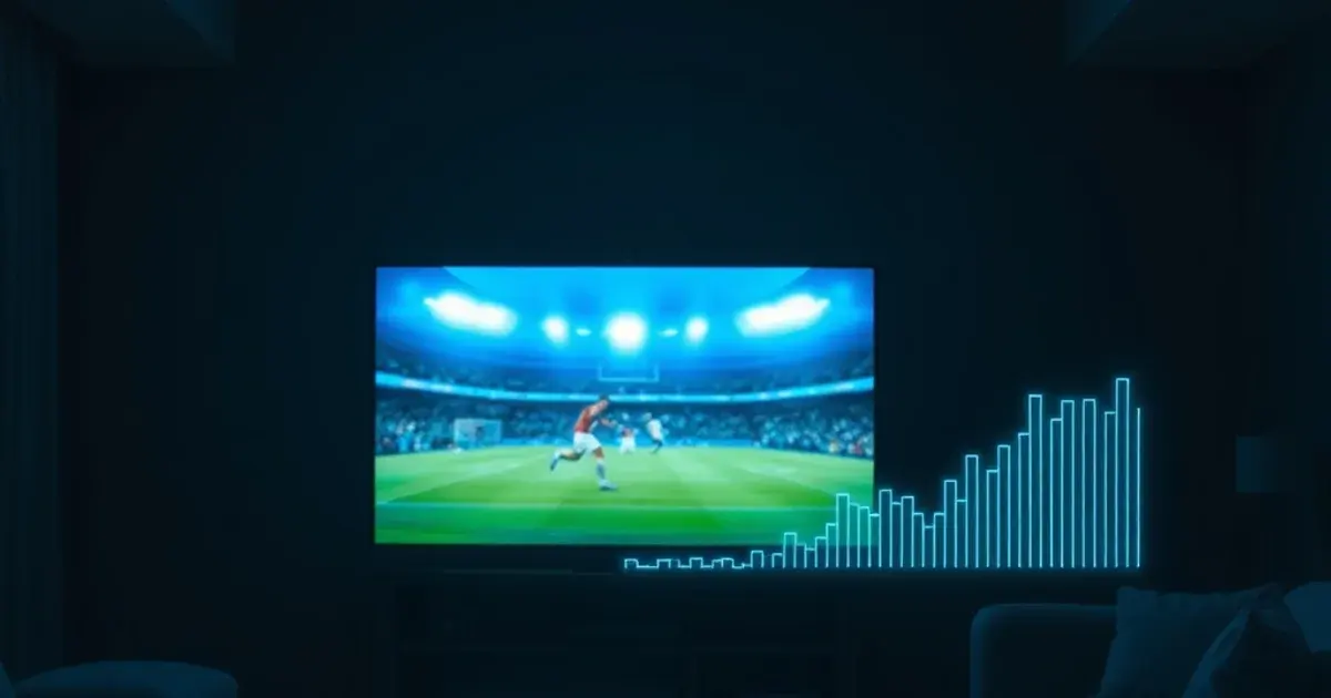 Dunkles Wohnzimmer am Abend mit drei gleichzeitig laufenden Bildschirmen, die ein Live-Fußballspiel zeigen, im Vordergrund schemenhafte Netzwerksignale, die eine Belastungsmessung visualisieren.