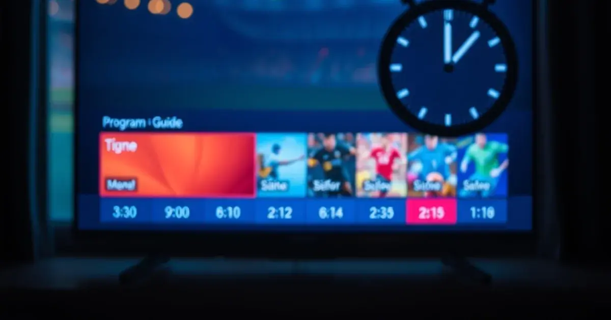 Ein Smart-TV-Bildschirm zeigt im dunklen Wohnzimmer einen Programmführer mit Zeitrastern, im Hintergrund schimmert schwach ein Stadionlicht durchs Fenster