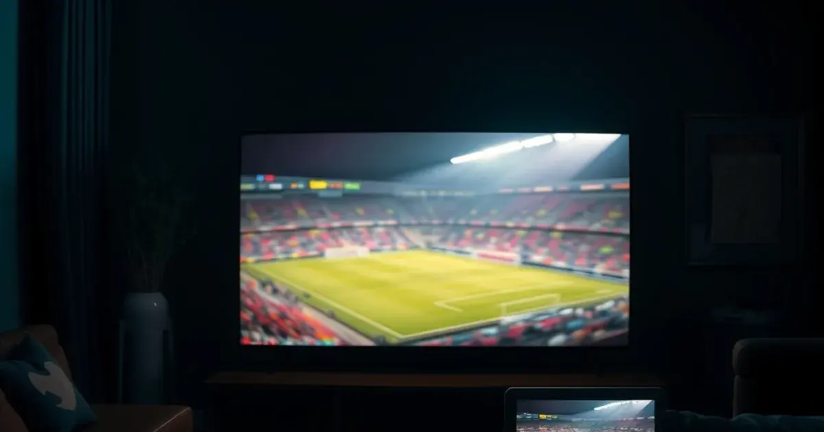 Dunkles Wohnzimmer bei Nacht mit einem großen 4K-Fernseher und einem Tablet, die beide ein Live-Fußballspiel zeigen, stimmungsvolle Beleuchtung als Sinnbild für einen IPTV-Stresstest während eines Spiels