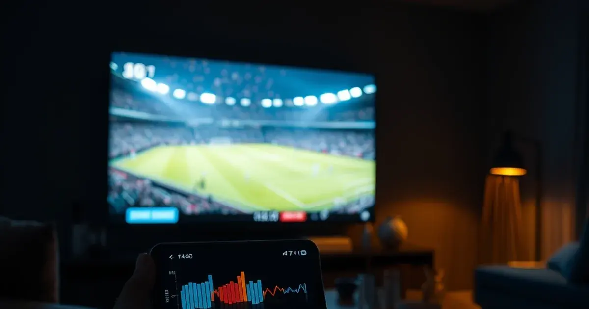Dunkles Wohnzimmer mit TV-Bildschirm, der ein Fußballspiel mit sichtbaren Bildstörungen zeigt, im Vordergrund ein Smartphone mit Netzwerk-Diagramm