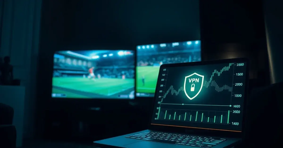 Dunkler Raum mit laufendem Fußball-Livestream auf dem Fernseher und einem Laptop im Vordergrund, der einen Geschwindigkeitstest mit VPN-Schutzsymbol anzeigt