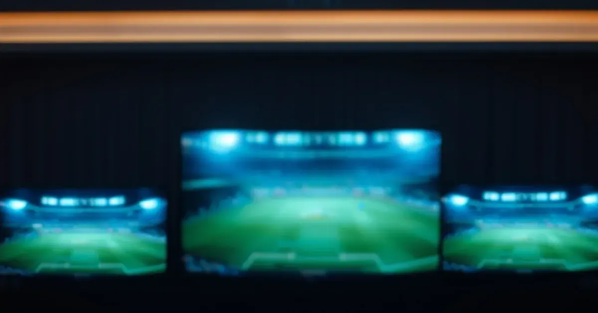Mehrere Streaming-Geräte und Fernseher leuchten im dunklen Wohnzimmer, auf den Bildschirmen ist unscharf ein Fußballfeld zu erkennen