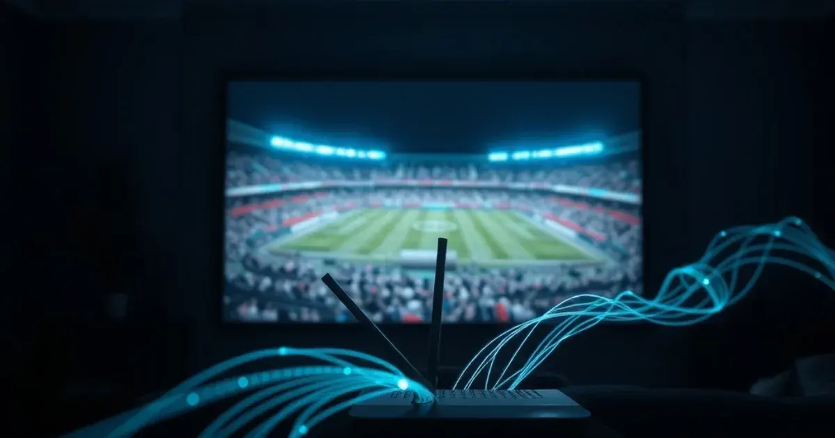 Dunkles Heimkino bei Nacht mit einem 4K-Bundesliga-Stream auf dem Fernseher, im Vordergrund schwach leuchtende Datenlinien, die Bitrate und Codec-Kompression symbolisieren