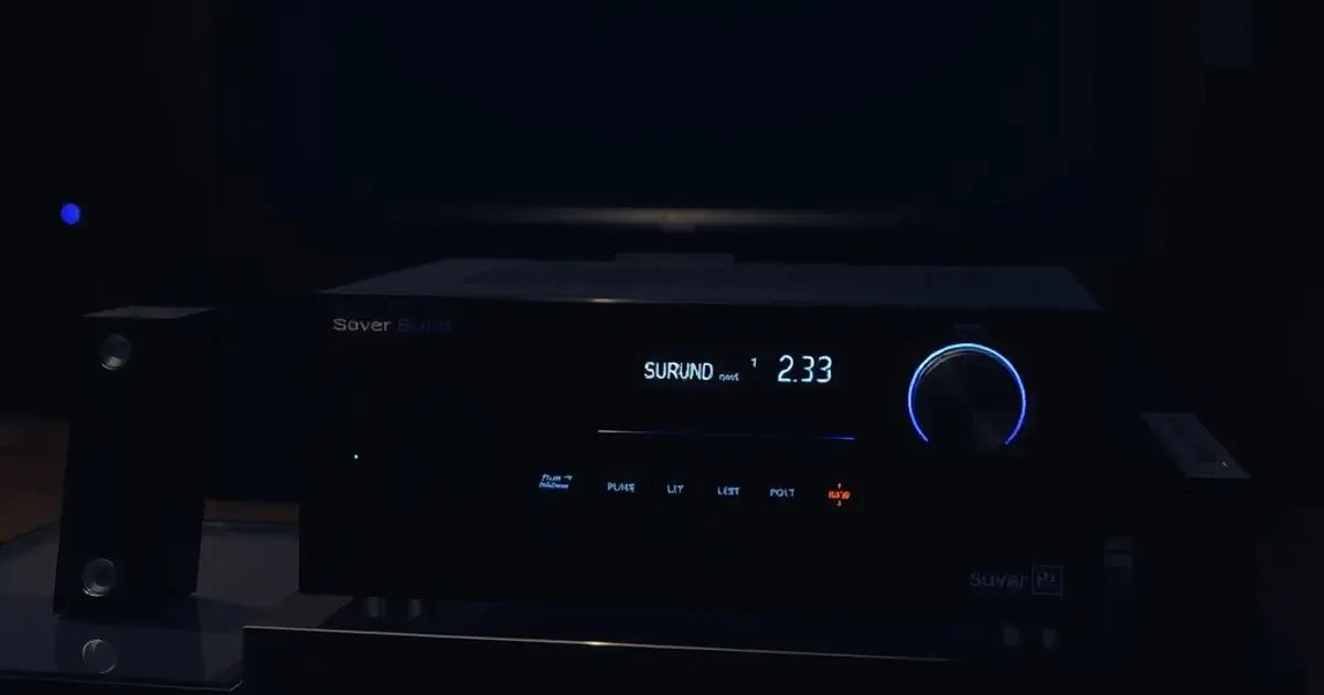 Dunkles Heimkino bei Nacht mit beleuchtetem AV-Receiver und Surround-Lautsprechern im Hintergrund