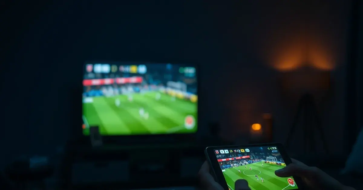 Dunkles Wohnzimmer mit drei gleichzeitig laufenden Bildschirmen, die einen Live-Fußball-Stream zeigen, als Symbol für einen Gerätelimit-Test