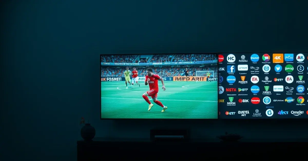 Dunkles Wohnzimmer mit drei Bildschirmen, die unterschiedliche IPTV-Tarifstufen im direkten Vergleich zeigen