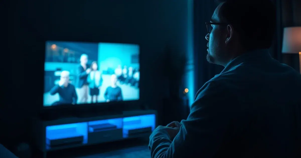 Person prüft konzentriert die Bildqualität eines IPTV-Streams auf dem Fernseher