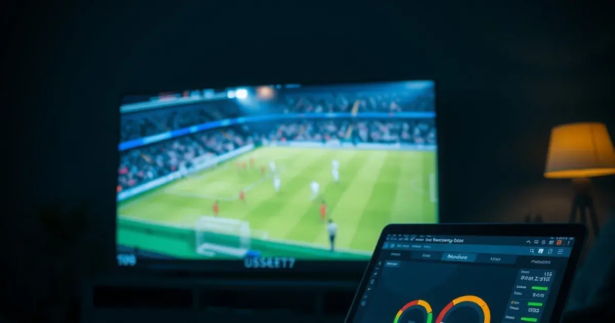 Dunkles Wohnzimmer nachts mit laufendem Fußballspiel auf dem Fernseher und einem Laptop mit Netzwerk-Diagnose-Grafiken im Vordergrund