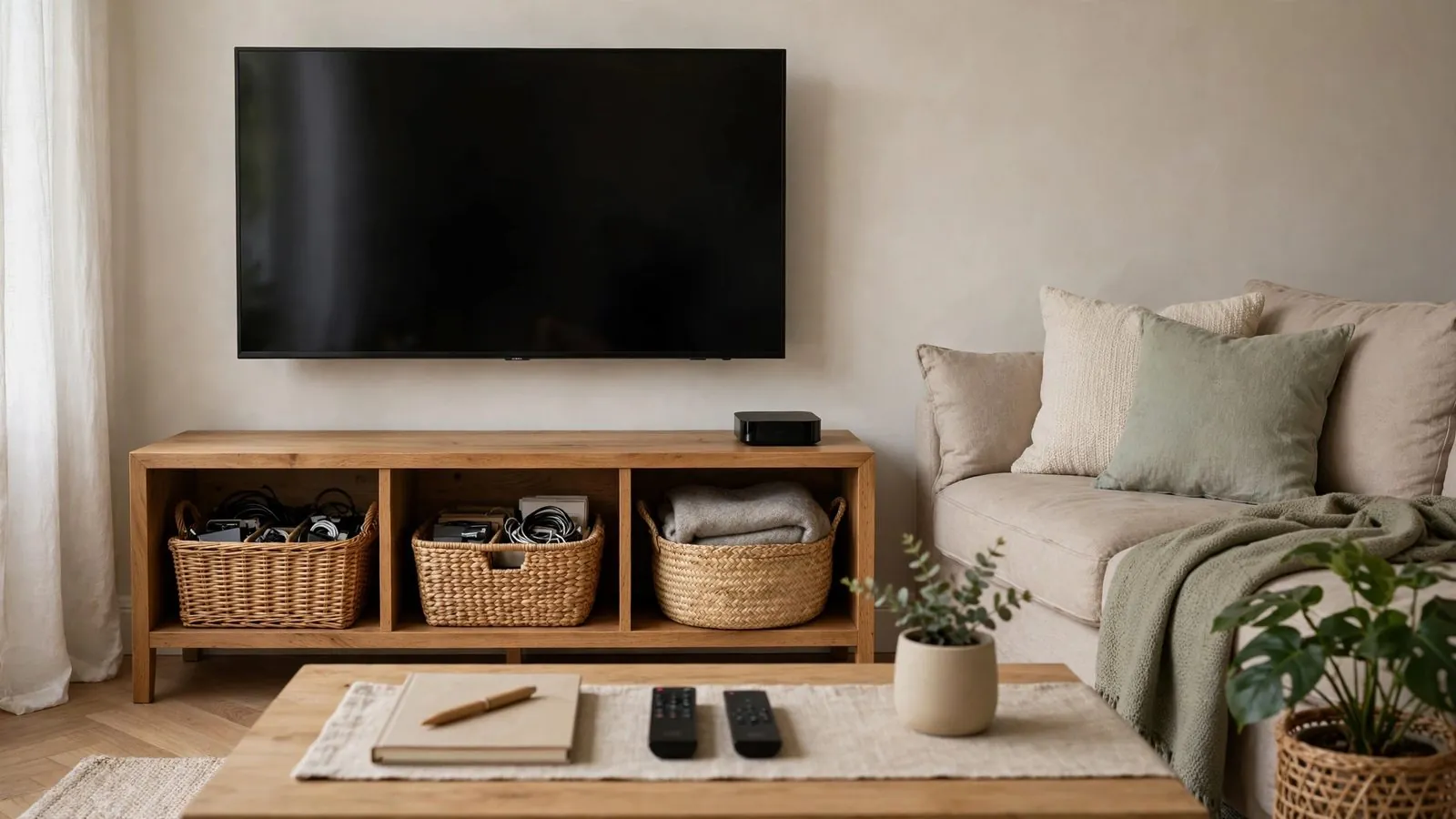 Familienwohnzimmer mit gepolstertem Sofa und ausgeschaltetem Fernsehgerät.